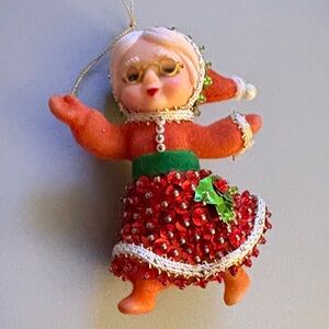 Vtg 1950's MRS CLAUS Christmas Ornament 3.5" Flocked Trim Dancing Grandma